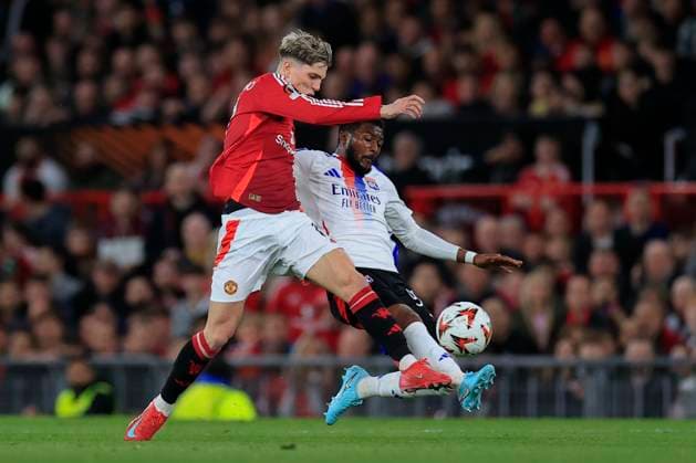 Manchester United, ManU v Olympique Lyonnais Europa League 17 04 2025. Quarter Final leg 2 of 2 Alejandro Garnacho (17) of Manchester United and Ainsley Maitland Niles (98) of Olympique Lyonnais challenge for the ball during the Europa League quarter final second leg match between Manchester United and Olympique Lyonnais at Old Trafford, Manchester, England on 17 April 2025. Manchester Old Trafford Greater Manchester England Editorial use only , Copyright: xConorxMolloyx PSI-21857-0058