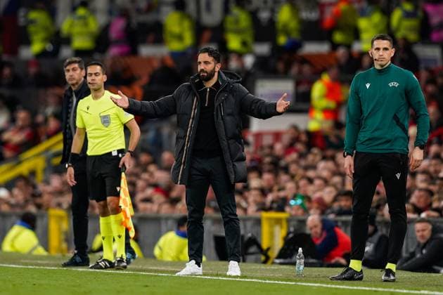 Manchester, England, 17th April 2025. Ruben Amorim manager of Manchester United, ManU reacts during the Manchester United vs Olympique Lyonnais Quarter Final 2nd Leg UEFA Europa League match at Old Trafford, Manchester. Picture credit should read: Andrew Yates Sportimage EDITORIAL USE ONLY. No use with unauthorised audio, video, data, fixture lists, club league logos or live services. Online in-match use limited to 120 images, no video emulation. No use in betting, games or single club league player publications. SPI_095_AY_MANCHESTER_UNITED_V_OLYMPIQUE_LYONNAIS SPI-3844-0062