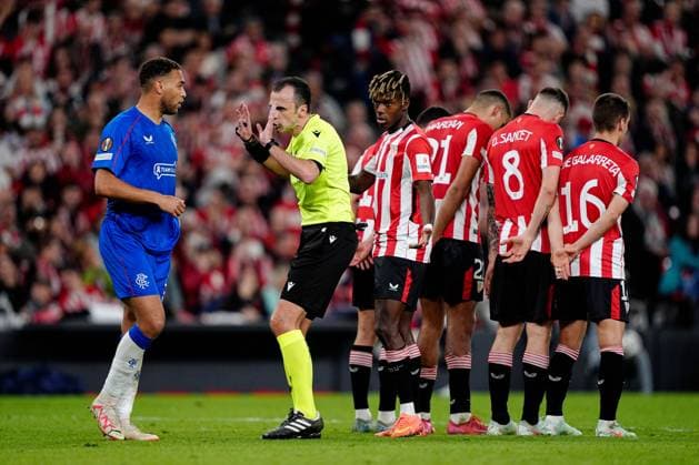 Cyriel Dessers of Rangers appeals to Referee Irfan Peljto Athletic Bilbao v Rangers, UEFA Europa League, Quarter Final, First Leg, Football, Estadio de San Mams, Bilbao, Spain - 17 Apr 2025 EDITORIAL USE ONLY No use with unauthorised audio, video, data, fixture lists, club league logos or live services. Online in-match use limited to 120 images, no video emulation. No use in betting, games or single club league player publications. Copyright: xGokhanxTaner Shutterstockx 15253954da
