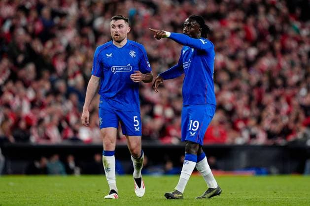 Clinton Nsiala of Rangers (R) gives instructions Athletic Bilbao v Rangers, UEFA Europa League, Quarter Final, First Leg, Football, Estadio de San Mams, Bilbao, Spain - 17 Apr 2025 EDITORIAL USE ONLY No use with unauthorised audio, video, data, fixture lists, club league logos or live services. Online in-match use limited to 120 images, no video emulation. No use in betting, games or single club league player publications. Copyright: xGokhanxTaner Shutterstockx 15253954dk