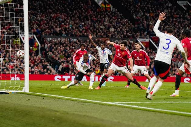 Manchester, England, 17th April 2025. Alexandre Lacazette of Lyon scores to make it 2-2 during the Manchester United, ManU vs Olympique Lyonnais Quarter Final 2nd Leg UEFA Europa League match at Old Trafford, Manchester. Picture credit should read: Andrew Yates Sportimage EDITORIAL USE ONLY. No use with unauthorised audio, video, data, fixture lists, club league logos or live services. Online in-match use limited to 120 images, no video emulation. No use in betting, games or single club league player publications. SPI_105_AY_MANCHESTER_UNITED_V_OLYMPIQUE_LYONNAIS SPI-3844-0071