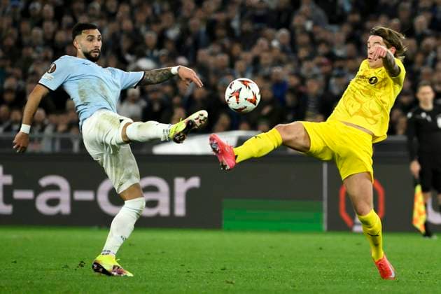 Valentin Mariano Jose Castellanos Gimenez Taty of SS Lazio and Patrick Berg of Bodo Glimt during the Europa League football match between SS Lazio and Bodo Glimt at Olimpico stadium in Rome (Italy), April 17, 2025. AndreaxStaccioli