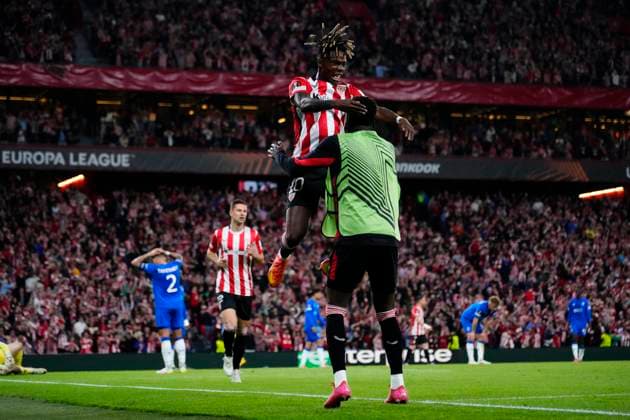 Athletic Club v Rangers FC - UEFA Europa League 2024 25 Quarter Final Second Leg Nico Williams left winger of Athletic Club and Spain celebrates after scoring his sides first goal during the UEFA Europa League 2024 25 Quarter Final Second Leg match between Athletic Club and Rangers FC at Estadio de San Mames on April 17, 2025 in Bilbao, Spain. Bilbao Spain  Copyright: xJosexBretonx originalFilename:bretonhernandez-athletic250417_npXPE.jpg