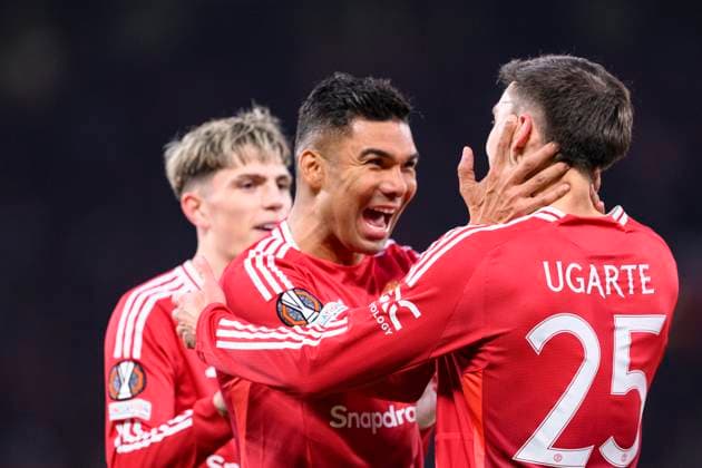 Manchester United, ManU v Olympique Lyonnais - UEFA Europa League 2024 25 Quarter Final Second Leg MANCHESTER, ENGLAND - APRIL 17: Carlos Casemiro of Manchester United celebrates his teammate™s goal during the UEFA Europa League 2024 25 Quarter Final Second Leg match between Manchester United and Olympique Lyonnais at Old Trafford on April 17, 2025 in Manchester, England. (Photo by Richard Callis Sports Press Photo ) ManchesterUnited Kingdom  Copyright: xSportsxPressxPhotox