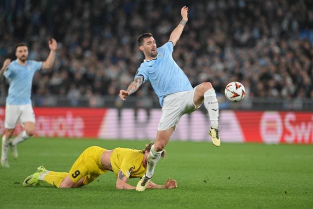 17th April 2025, Stadio Olimpico, Rome, Italy; UEFA Europa League Quarter Final Second Leg Football; Lazio versus Bodo Glimt; Alessio Romagnoli of SS Lazio scoring chance  ActionPlus12775626 AllShotLive