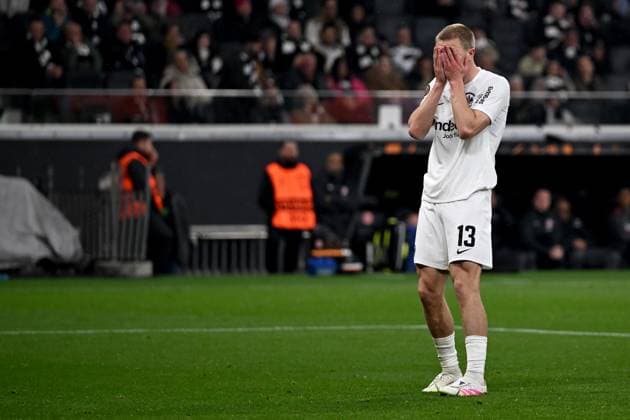 17 04 2025, xpsx, Football UEFA Europa League, Eintracht Frankfurt Tottenham Hotspur v l Rasmus Kristensen Eintracht Frankfurt Disappointed, sad, frustrated DFL DFB REGULATIONS PROHIBIT ANY USE OF PHOTOGRAPHS as IMAGE SEQUENCES and or QUASI VIDEO Frankfurt am Main