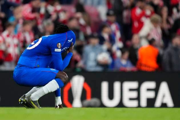 Athletic Club v Rangers FC - UEFA Europa League 2024 25 Quarter Final Second Leg Clinton Nsiala centre-back of Rangers FC and France dejected after losing the UEFA Europa League 2024 25 Quarter Final Second Leg match between Athletic Club and Rangers FC at Estadio de San Mames on April 17, 2025 in Bilbao, Spain. Bilbao Spain  Copyright: xJosexBretonx originalFilename:bretonhernandez-athletic250417_npYyu.jpg