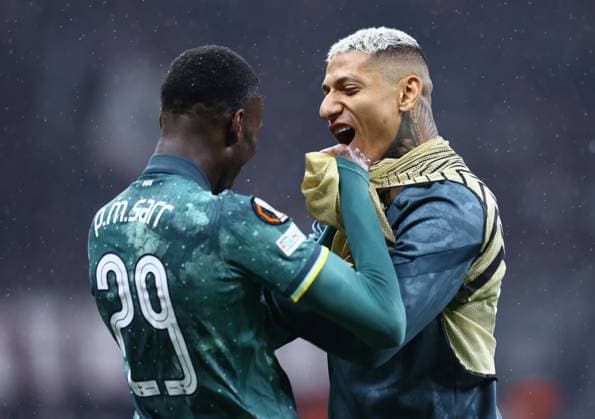 Richarlison of Tottenham Hotspur celebrates with Pape Sarr of Tottenham Hotspur Eintracht Frankfurt v Tottenham Hotspur, UEFA Europa League, Quarter Final, Second Leg, Football, Deutsche Bank Park, Frankfurt, Germany - 17 Apr 2025 EDITORIAL USE ONLY No use with unauthorised audio, video, data, fixture lists, club league logos or live services. Online in-match use limited to 120 images, no video emulation. No use in betting, games or single club league player publications. Copyright: xMichaelxZemanek Shutterstockx 15253955ae