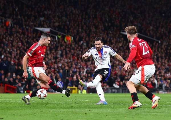 Rayan Cherki of Lyon scores a goal to make it 2-3 Manchester United, ManU v Olympique Lyonnais, UEFA Europa League, Quarter Final, Second Leg, Football, Old Trafford, Manchester, UK - 17 Apr 2025 EDITORIAL USE ONLY No use with unauthorised audio, video, data, fixture lists, club league logos or live services. Online in-match use limited to 120 images, no video emulation. No use in betting, games or single club league player publications.  Copyright: xMattxWest Shutterstockx 15253946aw