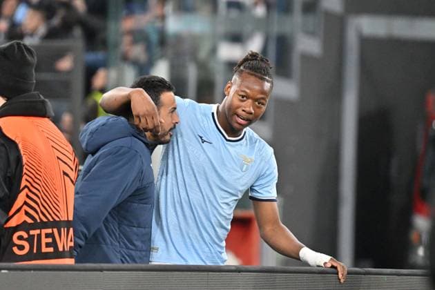 Foto IPP Felice De Martino Roma 17 04 2025 Calcio Europa League 2024-2025 Quarti partita di ritorno Lazio - Bodo Glimt Nella foto: Esultanza dopo il gol di Tijjani Noslin con Pedro Italy Photo Press World Copyright Roma italy Italia ITALY  Copyright: xR4924_italyphotopressx