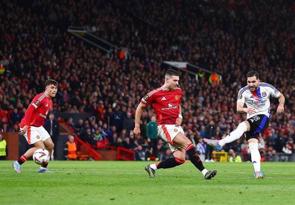 Rayan Cherki of Lyon scores a goal to make it 2-3 Manchester United, ManU v Olympique Lyonnais, UEFA Europa League, Quarter Final, Second Leg, Football, Old Trafford, Manchester, UK - 17 Apr 2025 EDITORIAL USE ONLY No use with unauthorised audio, video, data, fixture lists, club league logos or live services. Online in-match use limited to 120 images, no video emulation. No use in betting, games or single club league player publications.  Copyright: xMattxWest Shutterstockx 15253946az