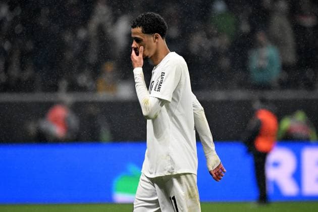 17 04 2025, xjhx, Football UEFA Europa League, Eintracht Frankfurt Tottenham Hotspur v l Hugo Ekitike Eintracht Frankfurt Disappointed, sad, frustrated DFLB DFB REGULATIONS PROHIBIT ANY USE OF PHOTOGRAPHS as IMAGE SEQUENCES and or QUASI VIDEO Frankfurt am Main