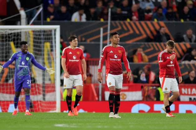 Manchester United, ManU v Olympique Lyonnais Europa League 17 04 2025. Quarter Final leg 2 of 2 United players show their disappointment as Rayan Cherki (18) of Olympique Lyonnais scores to make it 2-3 during the Europa League quarter final second leg match between Manchester United and Olympique Lyonnais at Old Trafford, Manchester, England on 17 April 2025. Manchester Old Trafford Greater Manchester England Editorial use only , Copyright: xConorxMolloyx PSI-21857-0078