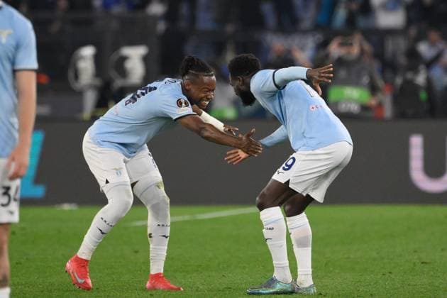 Lazioâ??s Boulaye Dia cand Lazioâ??s Tijjani Noslinelebrates after scoring the goal 3-0 during the UEFA Europa League 2024-2025 football match between SS Lazio and FK Bodo Glimt at the Olympic Stadium in Rome on April 17, 2025.  Copyright: xFabrizioxCorradetti IPAxSportx xipa-agency.netx xx IPA_56609771 IPA_Agency_IPA56609771