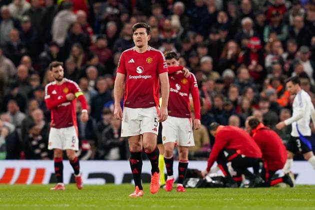 Manchester, England, 17th April 2025. Harry Maguire of Manchester United, ManU is dejected after his side concedes a goal to make the score 2-3 during the Manchester United vs Olympique Lyonnais Quarter Final 2nd Leg UEFA Europa League match at Old Trafford, Manchester. Picture credit should read: Andrew Yates Sportimage EDITORIAL USE ONLY. No use with unauthorised audio, video, data, fixture lists, club league logos or live services. Online in-match use limited to 120 images, no video emulation. No use in betting, games or single club league player publications. SPI_127_AY_MANCHESTER_UNITED_V_OLYMPIQUE_LYONNAIS SPI-3844-0083