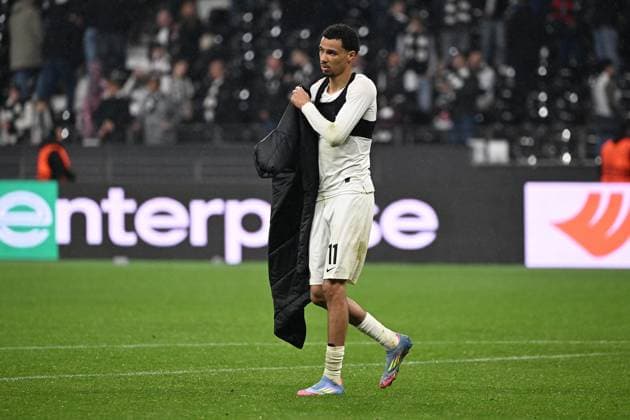 17 04 2025, xjhx, Football UEFA Europa League, Eintracht Frankfurt Tottenham Hotspur v l Hugo Ekitike Eintracht Frankfurt Disappointed, sad, frustrated DFLB DFB REGULATIONS PROHIBIT ANY USE OF PHOTOGRAPHS as IMAGE SEQUENCES and or QUASI VIDEO Frankfurt am Main