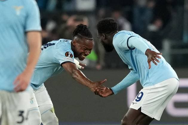 Boulaye Dia of SS Lazio celebrates with Tijjani Noslin of SS Lazio after scoring the goal of 3-0 during the Europa League football match between SS Lazio and Bodo Glimt at Olimpico stadium in Rome (Italy), April 17, 2025. AntoniettaxBaldassarre