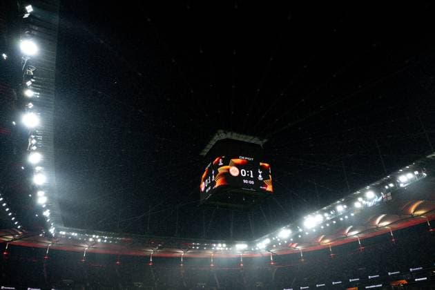 Scoreboard, Final score, Score, 0 1 GER, Eintracht Frankfurt vs Tottenham Hotspur, Football, UEFA Europa League, Quarter-finals, 2024 2025 season, 17 04 2025 GER, Eintracht Frankfurt vs Tottenham Hotspur, Football, UEFA Europa League, Quarter-finals, 2024 2025 season, 17 04 2025 Frankfurt Copyright: xEibner-Pressefoto FlorianxWiegandx EP_FWD