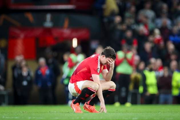 Manchester United, ManU FC v Olympique Lyonnais Manchester United defender Harry Maguire (5) dejected after goal 2-4 during the Manchester United FC v Olympique Lyonnais UEFA Europa League Quarter-Final 2nd leg match at Old Trafford, Manchester, England, United Kingdom on 17 April 2025 Credit: Phil Duncan Every Second Media Editorial use only. All images are copyright Every Second Media Limited. No images may be reproduced without prior permission. Copyright: xIMAGO EveryxSecondxMediax ESM-1423-0024 PhilxDuncanx xEveryxSecondxMediax