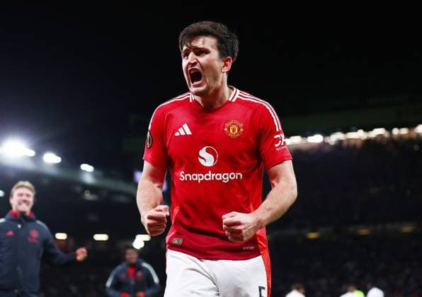 Harry Maguire of Manchester United, ManU celebrates scoring a goal to make it 5-4 Manchester United v Olympique Lyonnais, UEFA Europa League, Quarter Final, Second Leg, Football, Old Trafford, Manchester, UK - 17 Apr 2025 EDITORIAL USE ONLY No use with unauthorised audio, video, data, fixture lists, club league logos or live services. Online in-match use limited to 120 images, no video emulation. No use in betting, games or single club league player publications.  Copyright: xMattxWest Shutterstockx 15253946be