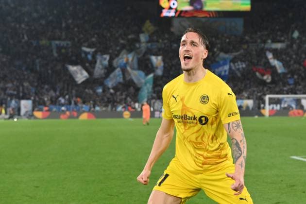 Foto IPP Roberto Ramaccia Roma 17 4 2025 Calcio Europa League - Quarti partita di ritorno 2024 2025 Lazio vs Bodo Glimt Nella foto Andreas Helmersen esulta dopo aver segnato il gol del 3-1 Italy Photo Press - World Copyright Roma italy Italia ITALY  Copyright: xR4924_italyphotopressx