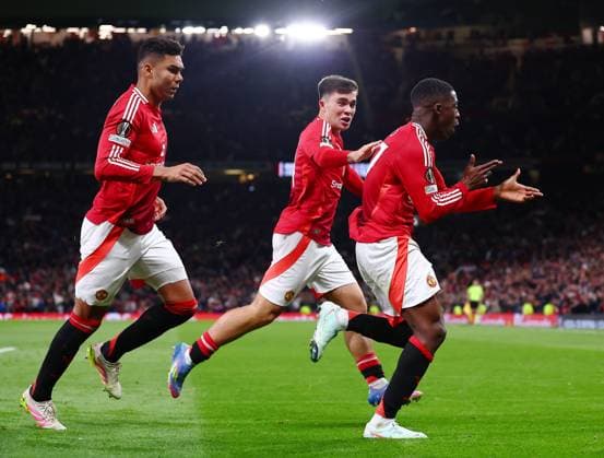 Kobbie Mainoo of Manchester United, ManU celebrates scoring a goal to make it 4-4 Manchester United v Olympique Lyonnais, UEFA Europa League, Quarter Final, Second Leg, Football, Old Trafford, Manchester, UK - 17 Apr 2025 EDITORIAL USE ONLY No use with unauthorised audio, video, data, fixture lists, club league logos or live services. Online in-match use limited to 120 images, no video emulation. No use in betting, games or single club league player publications.  Copyright: xMattxWest Shutterstockx 15253946bo