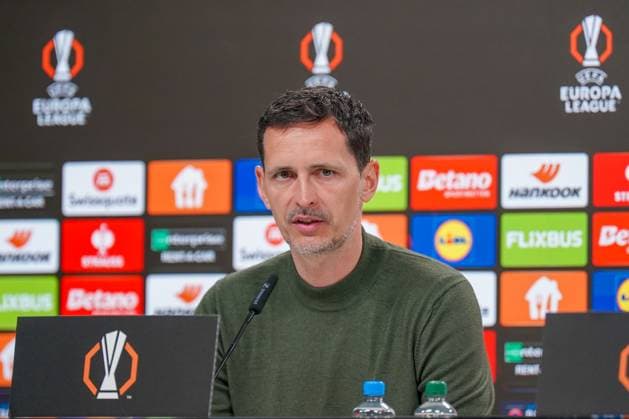 Football UEFA Europa League 2024 2025, quarter-final second leg Eintracht Frankfurt vs Tottenham Hotspur Deutsche Bank Park Frankfurt Dino Toppmöller Dino Toppmoeller Coach, Eintracht Frankfurt Press Conference, Media Copyright: xJOERANxSTEINSIEKx