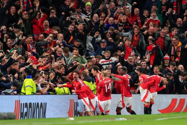 Manchester United, ManU v Olympique Lyonnais Europa League 17 04 2025. Quarter Final leg 2 of 2 United players celebrate the winning goal during the Europa League quarter final second leg match between Manchester United and Olympique Lyonnais at Old Trafford, Manchester, England on 17 April 2025. Manchester Old Trafford Greater Manchester England Editorial use only , Copyright: xConorxMolloyx PSI-21857-0104