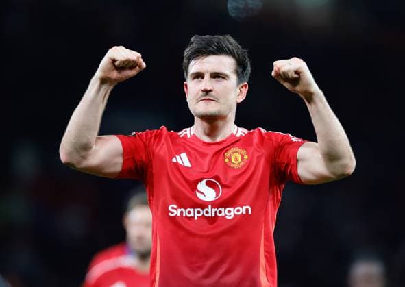 17th April 2025; Old Trafford, Manchester, England; Europa League Quarter Final Second Leg Football, Manchester United, ManU versus Lyon; Harry Maguire of Manchester United celebrates after the 5-4 win over Lyon  ActionPlus12775781 RogerxEvans