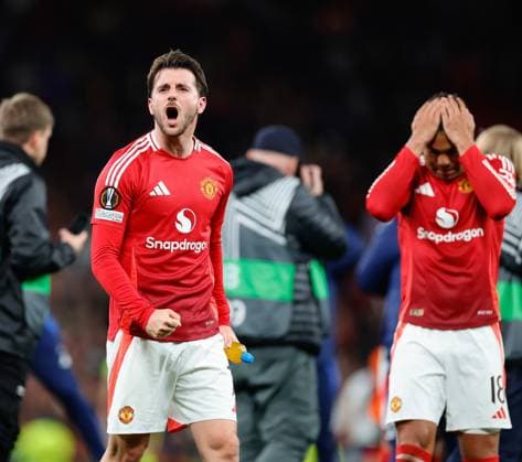 17th April 2025; Old Trafford, Manchester, England; Europa League Quarter Final Second Leg Football, Manchester United, ManU versus Lyon; Mason Mount of Manchester United celebrates after the 5-4 win over Lyon  ActionPlus12775782 RogerxEvans