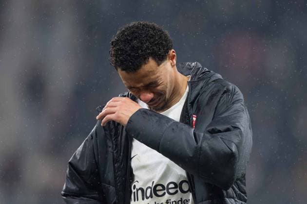 Frankfurt players disappointed, disappointed, disappointment, disappointment Hugo EKITIKE F Football Europa League Eintracht Frankfurt Tottenham Hotspur Quarterfinal, Round of 8, on 17 04 2025, DEUTSCHE BANK PARK 0 1 Â