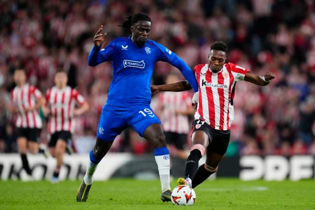Athletic Club v Rangers FC - UEFA Europa League 2024 25 Quarter Final Second Leg Clinton Nsiala centre-back of Rangers FC and France and Alvaro Djalo left winger of Athletic Club and Spain compete for the ball during the UEFA Europa League 2024 25 Quarter Final Second Leg match between Athletic Club and Rangers FC at Estadio de San Mames on April 17, 2025 in Bilbao, Spain. Bilbao Spain  Copyright: xJosexBretonx originalFilename:bretonhernandez-athletic250417_npSFt.jpg
