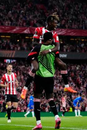 Athletic Club v Rangers FC - UEFA Europa League 2024 25 Quarter Final Second Leg Nico Williams left winger of Athletic Club and Spaincelebrates after scoring his sides first goal during the UEFA Europa League 2024 25 Quarter Final Second Leg match between Athletic Club and Rangers FC at Estadio de San Mames on April 17, 2025 in Bilbao, Spain. Bilbao Spain  Copyright: xJosexBretonx originalFilename:bretonhernandez-athletic250417_npFRF.jpg