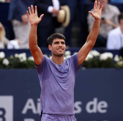 April 17, 2025, Sabadell, Barcelona, Spain: CARLOS ALCARAZ, (Spain) celebrates the victory in the match with Djere (Serbia) during the Day 5 of the Barcelona Open Banc Sabadell Godo. Sabadell Spain - ZUMAu50_ 20250417_zsp_u50_023 Copyright: xXavixUrgelesx