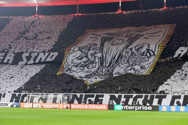 Eintracht fans with their choreo, feature, symbol photo, border motif, football Europa League Eintracht Frankfurt Tottenham Hotspur quarter-final, Round of 8, on 17 04 2025, DEUTSCHE BANK PARK 0 1 Â