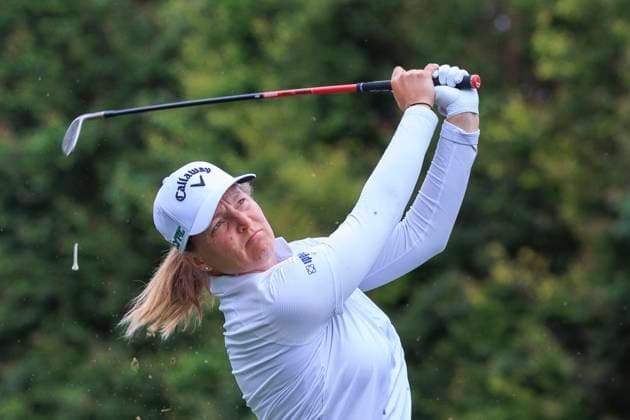 April 17, 2025, Los Angeles, California, USA: Perrine Delacour watches her shot during the first round of the JM Eagle LA Championship presented by Plastpro on Wednesday April 17, 2025 at El Caballero Country Club in Tarzana, California. ARIANA RUIZ PI Los Angeles USA - ZUMAp124 20250417_zaa_p124_052 Copyright: xArianaxRuizx