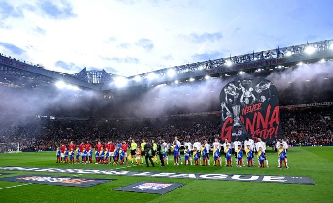 Match Europa League Manchester United, ManU - OL PHOTOPQR LE PROGRES Stéphane GUIOCHON - Manchester 17 04 2025 - Match Europa League Manchester United - OL -En Angleterre à Manchester 1 4 de finale retour de l Europa League saison 2024-2025 Manchester United - OL ici les équipes Manchester France  Copyright: xPHOTOPQR LExPROGRES MAXPPPxStéphanexGUIOCHONx 20250418LPL9743 20250418LPL9743
