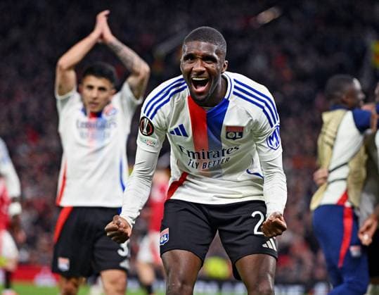 Match Europa League Manchester United, ManU - OL PHOTOPQR LE PROGRES Stéphane GUIOCHON - Manchester 17 04 2025 - Match Europa League Manchester United - OL -En Angleterre à Manchester 1 4 de finale retour de l Europa League saison 2024-2025 Manchester United - OL ici joie de Clinton Mata Manchester France  Copyright: xPHOTOPQR LExPROGRES MAXPPPxStéphanexGUIOCHONx 20250418LPL9808 20250418LPL9808