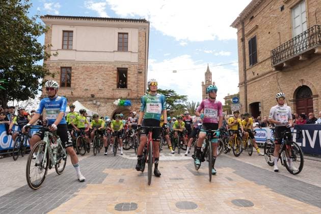 From left Guzzo Federico Of S.C. Padovani Polo Cherry Bank, Zimmermann Georg Of IntermarchÃ - Wanty, Fiorelli Filippo Of Vf Group Bardianicsf-Faizane , Torres Arias Pablo Of Uae Team Emirates Xrg befortenthe start during the Giro d™Abruzzo, final stage from Corropoli to Isola del Gran Sasso (Santuario di San Gabriele (164 km) - Abruzzo, Italy - Friday, April 18, 2025. - cycling .  Copyright: xMassimoxPaolone LaPressex