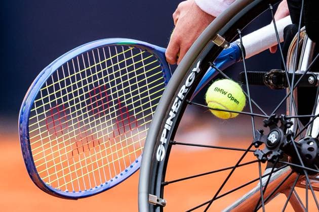 BMW Open Munich ATP 500 18 04 2025 Allianz Para Trophy Alfie Hewett Great Britain in match against Joachim Gerard Belgium Symbol photo Ball in wheel Spinergy BMW Open by Bitpanda Munich ATP 500 Day 7, Munich, MTTC Iphitos on 18 04 2025 Copyright: xBEAUTIFULxSPORTS Wunderlx