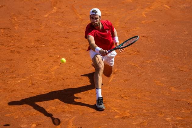 Karen Khachanov of Rusia plays a backhand against Alejandro Davidovich of Spain during their match of day five of the Barcelona Open Banc Sabadell at Real Club De Tenis Barcelona, Spain (Judit Cartiel SPP) Copyright: xJuditxCartiel SPPx spp-en-JuCa-0I9A0610