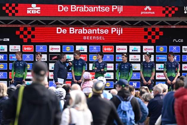 Brabantse Pijl 2025 cycling race OVERIJSE, BELGIUM - APRIL 18 : team Novo Nordisk during the Men Elite UCI 1.Pro 65th Flanders Classics Brabantse Pijl cycling race with start in Beersel and finish in Overijse (175,4 km) on April 18, 2025 in Overijse, Belgium, 18 04 2025 ( Motordriver Kenny Verfaillie & Overijse Belgium  Copyright: xNicoxVereeckenx