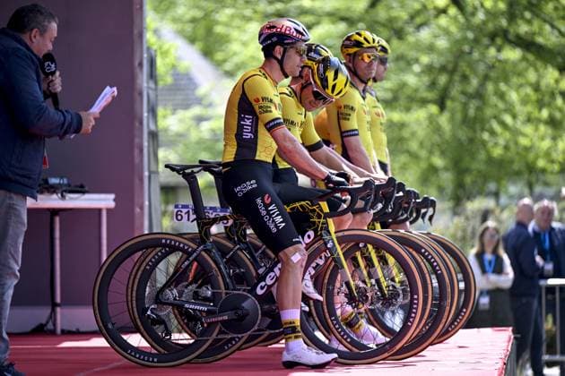Belgian Wout van Aert of Team Visma-Lease a Bike Team Visma-Lease a Bike riders pictured at the start of the men s Brabantse Pijl one day cycling race, 162,5km from Huizingen, Beersel to Overijse on Friday 18 April 2025. TOM GOYVAERTS TomxGoyvaerts  x121139188x