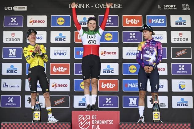 Dutch Marianne Vos of Team Visma-Lease a Bike, Italian Elisa Longo Borghini of UAE Team ADQ and Dutch Femke Gerritse of SD Worx-Protime pictured on the podium after the women s Brabantse Pijl one day cycling race, 125,7km from Lennik to Overijse on Friday 18 April 2025. TOM GOYVAERTS TomxGoyvaerts  x121145841x