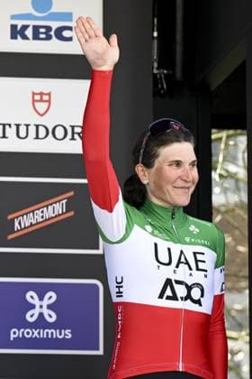 Italian Elisa Longo Borghini of UAE Team ADQ celebrates on the podium after winning the women s Brabantse Pijl one day cycling race, 125,7km from Lennik to Overijse on Friday 18 April 2025. TOM GOYVAERTS TomxGoyvaerts  x121146374x