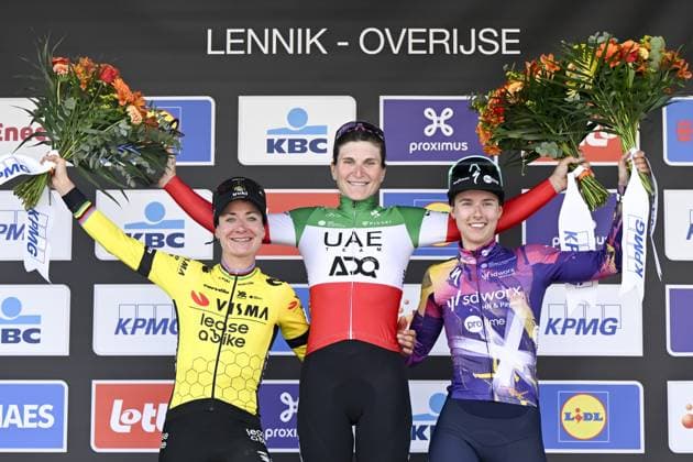 Dutch Marianne Vos of Team Visma-Lease a Bike, Italian Elisa Longo Borghini of UAE Team ADQ and Dutch Femke Gerritse of SD Worx-Protime pictured on the podium after the women s Brabantse Pijl one day cycling race, 125,7km from Lennik to Overijse on Friday 18 April 2025. TOM GOYVAERTS TomxGoyvaerts  x121146390x