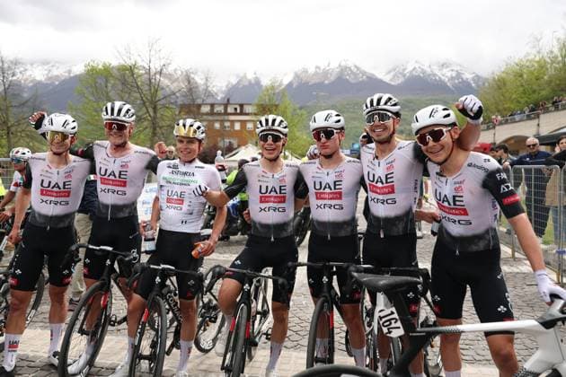 Uae Team Emirates Xrg wins the final stage during the Giro d™Abruzzo, final stage from Corropoli to Isola del Gran Sasso (Santuario di San Gabriele (164 km) - Abruzzo, Italy - Friday, April 18, 2025. - cycling .  Copyright: xAlessandroxGarofalo LaPressex