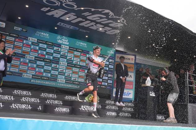 Alves Oliveira Ivo Emanuel Of Uae Team Emirates Xrg on the podium during the Giro d™Abruzzo, final stage from Corropoli to Isola del Gran Sasso (Santuario di San Gabriele (164 km) - Abruzzo, Italy - Friday, April 18, 2025. - cycling .  Copyright: xMarcoxAlpozzi LaPressex