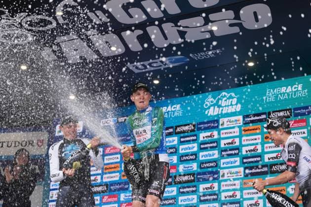 Zimmermann Georg Of IntermarchÃ - Wanty (center), De La Cruz Melgarejo David Of Q36.5 Pro Cycling Team (right) and Torres Arias Pablo Of Uae Team Emirates Xrg on the final podium after the Giro d™Abruzzo, final stage from Corropoli to Isola del Gran Sasso (Santuario di San Gabriele (164 km) - Abruzzo, Italy - Friday, April 18, 2025. - cycling ..  Copyright: xMassimoxPaolone LaPressex