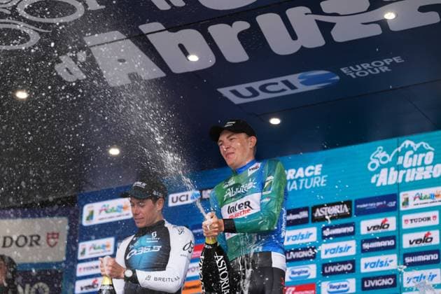 Zimmermann Georg Of IntermarchÃ - Wanty (center), De La Cruz Melgarejo David Of Q36.5 Pro Cycling Team (right) and Torres Arias Pablo Of Uae Team Emirates Xrg on the final podium after the Giro d™Abruzzo, final stage from Corropoli to Isola del Gran Sasso (Santuario di San Gabriele (164 km) - Abruzzo, Italy - Friday, April 18, 2025. - cycling ..  Copyright: xMassimoxPaolone LaPressex
